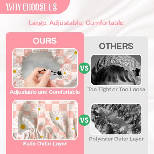 Pink Daisy Reusable Shower Cap Buffalo Check Double Layer Waterproof Shower Caps Large Elastic Hair Cover Adjustable Hair - Drying Caps for Woman Bath SPA Travel One Size Fits Most - color: Pink Daisy