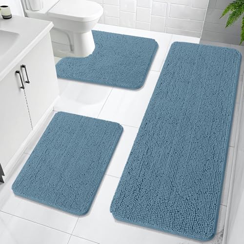 OLANLY Bathroom Rugs Sets 3 Piece, Soft Absorbent Chenille Bath Mats and U-Shaped Contour Toilet Rug, Quick Dry, Home Decor Accessories, Bath Mat Set for Bathroom (59"x20"+24"x16"+24"x20", Airy Blue) - color: Airy Blue, size: 59" X 20" + 24" X 16" + U24"