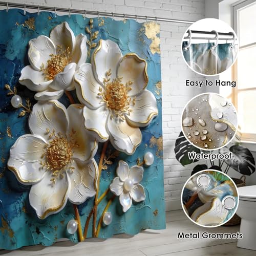 DDQQ 4Pcs White Flower Shower Curtain Sets Vintage White Floral on Blue Background Bathroom Sets, Shower Curtain with 12 Hooks Bathroom Decor with Rugs Bath Accessories with Mats Toilet Lid Cover - color: Peacock