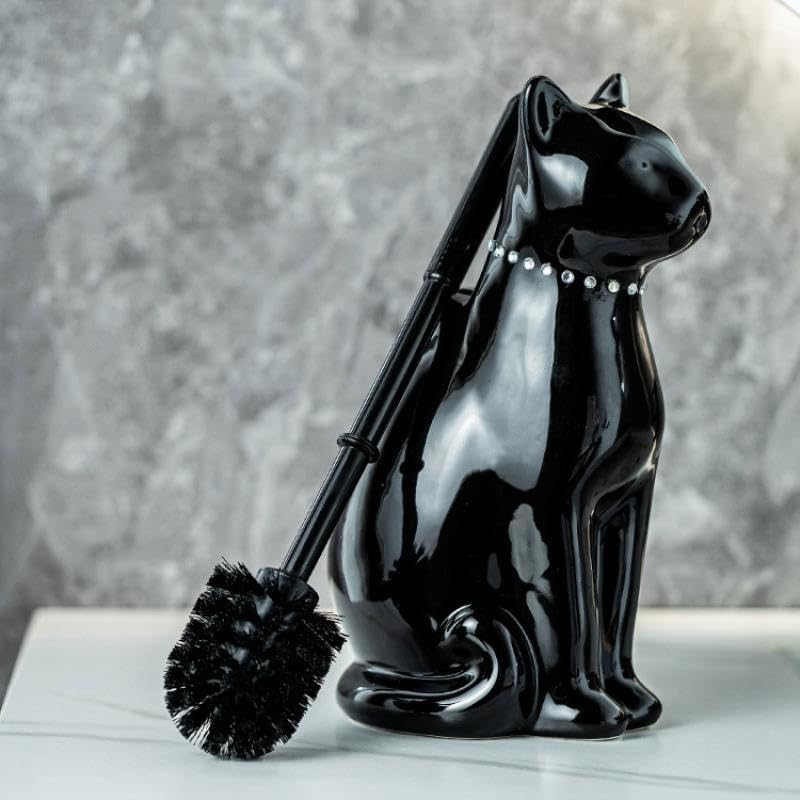Comeon Ceramic Cat White/Black Toilet Brush and Holder Set, Plastic Handled Scrub Brush for Bathroom Cleaning,10.63"*6.3" (Black) - color: Black, size: Cat
