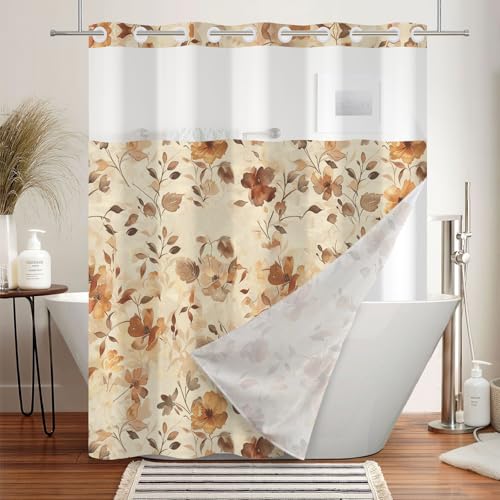 No Hook Floral Shower Curtain and Liner Set 71 x 74 Inch | Fall Watercolor Brown Flower, Waterproof Fabric Bath Tub Curtain for Modern Bathroom Decor, Breathable Mesh Top - color: Brown
