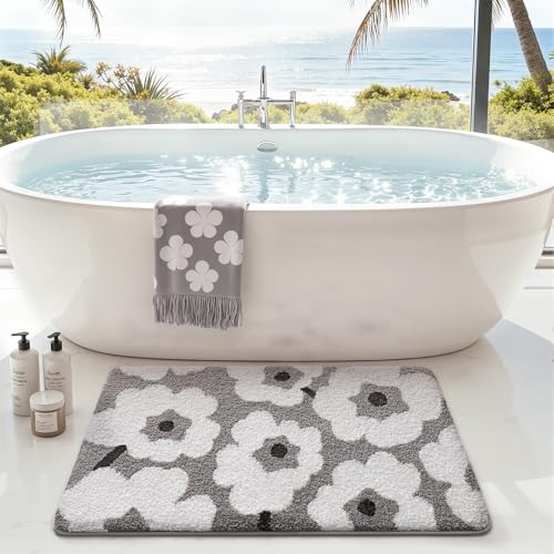 LUMI Bathroom Rugs Cute Floral Design, Soft Absorbent Microfiber Bath Mat Non-Slip, Machine Washable Quick Dry Grey Luxury Rug Flower for Floor, Bathtub, Home Decor, 24"x36" - color: C-white Flower, size: 24"x36"