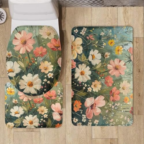 Floral Print Bathroom Rugs Sets 3 Piece Toilet Cover and Rug Set Toilet Seat Cover and Rug Set Toilet Lid Cover with Non-Slip Bottom Toilet Lid Cover Set with U-Shaped Rug - color: Floral Print