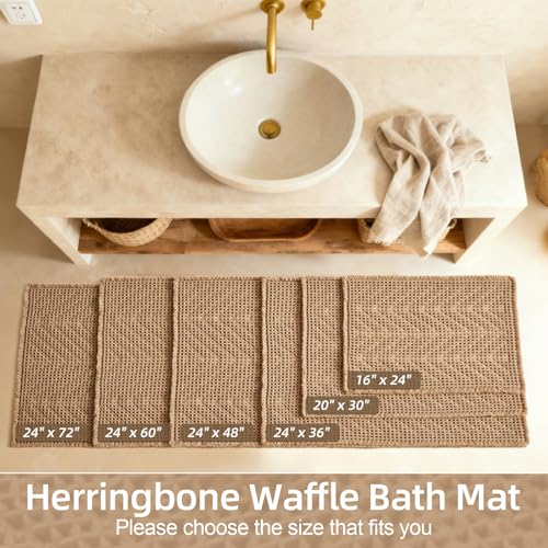 Sunfly Bathroom Runner Rug,Boho Herringbone Waffle Bath Mat Non-Slip Washable Super Absorbent Quick Dry, Farmhouse Bath Mat for Bathroom Floor Decor 24"x60" Khaki - color: Akhaki, size: 2' x 5' (Rectangular)