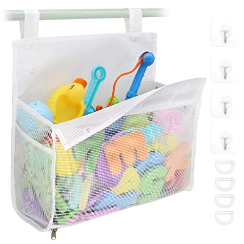 Muchfun Bath Toy Organizer Multiple Ways to Hang | Extra Large Opening Bathroom Toy Holder, Bottom Zipper Bathtub Toy Storage Bag (White) - color: White