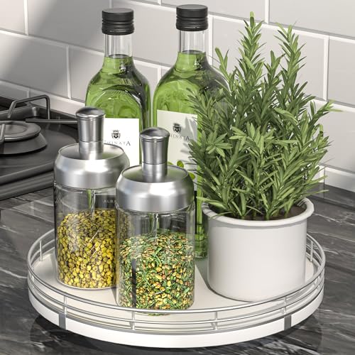 9" Oak Wood Lazy Susan Organizer, Lazy Susan for Cabinet Dining Table Pantry Wood Turntable Organizer Tray for Coffee Table Kitchen Countertop Salt Pepper Spice Organization and Storage Round Silver - color: Sliver White, size: 9