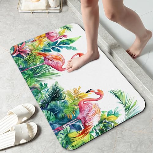 Flamingo Bathroom Rug 29.5"x17", Tropical Flowers Leaves Quick-Drying Super Absorbent Diatomite Bath Mat with Non-Slip Backing, Thin Washable Bathroom Floor Mat Fits Under Door for Shower, Sink - color: Flamingo Tropical Flowers Leaves