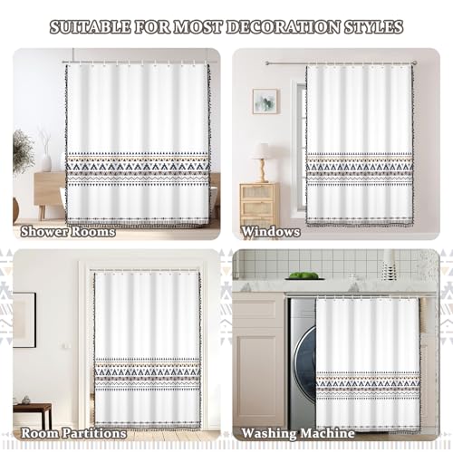 AOFOTO White Boho Shower Curtain with Black Tassel Chic Triangle and Geometric Waterproof Shower Curtain Modern Minimalist Bath Curtain Family Bathtub Bathroom Home Decor with Hooks 70x70 Inch - color: Black White, size: 70"W x 70"L (Pack of 1)