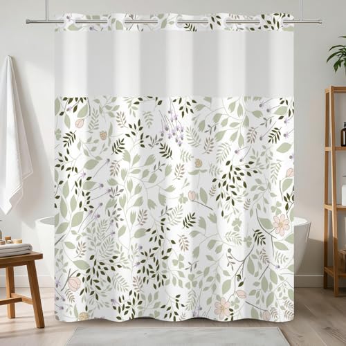 No Hook Botanical Shower Curtain with Snap in Liner, 71x74 Inch | Sage Green Leaf & Blush Floral Shower Curtains for Farmhouse Bathroom, Mesh Top Window Waterproof Fabric Bath Curtain, - color: Light Green Botanical