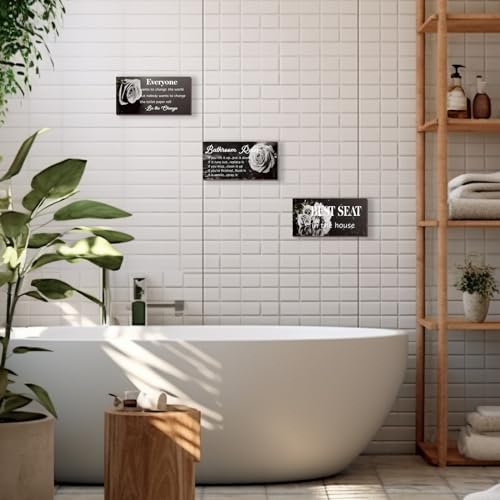 DONFENTHY 3 Pcs Black White Bathroom Rules Decor White Bathroom Decor Rustic Wooden Best Seat in The House Black Rose Hanging Wall Art Accessories for Toilet (10x5") - color: White Rose