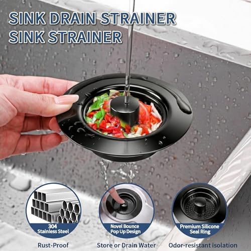 3-in-1 Kitchen Sink Drain Strainer & All-Purpose Sponges, 304 Stainless Steel Sink Stopper Pop-Up Drain Plug with Anti-Clogging Food Catcher Basket, Odor Blocker, Fits US Standard 3-1/2 Inch Sinks - color: Mattle Black