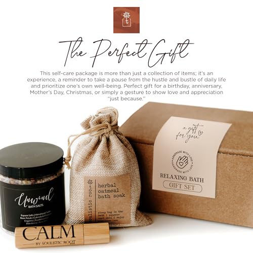 Relaxing Bath Gift Set for Women – Ready-to-Gift Spa Gift Set with Calm Essential Oil Roller, Epsom Bath Salts & Organic Lavender Oatmeal Bath Soak by Soulistic Root
