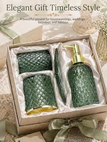 Haturi Bathroom Accessories Set, 4Pcs Sage Green Glass Bathroom Set Complete w/Bathroom Soap Dispenser Set, Toothbrush Holder, Qtip Holder, Soap Dish, Green Bathroom Decor, Gift for Home Apartment - style: Sage Green