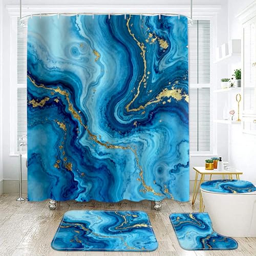 Marble Bathroom Sets with Rugs for Bathroom Decor, 72x72 Inches Gold Shower Curtain with Non-Slip Rugs and Accessories, Waterproof Machine Washable Bath (Curtain Set- Bule Gold Marble) - color: Curtain Set- Bule Gold Marble