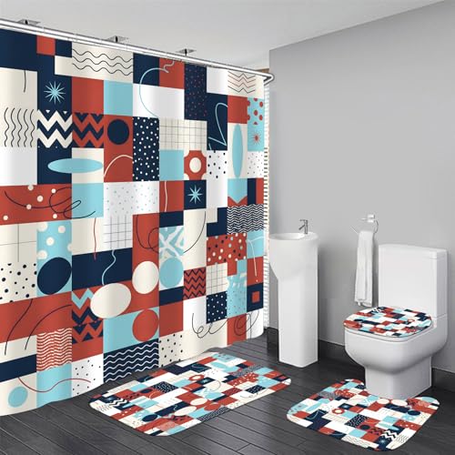 LQCOOL Geometric Patchwork Shower Curtain Set Bathroom Sets Modern Shower Curtain Set for Bathroom Sets with Rugs and 12 Hooks - color: Colorful Geometry