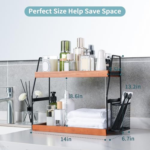 Bathroom Counter Organizer, 2-Tier Standing Storage Shelf with Basket, Wood Tray for Skincare Vanity Organizer(Brownish) - style: 2 Tier Brownish