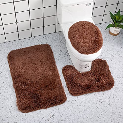 Ultra Soft 3 Piece Bathroom Rug Set - Non Slip Bath Mat, Absorbent Chenille Plush Mat for Tub, Shower, Toilet Floor - Solid Color (Coffee) - color: Coffee