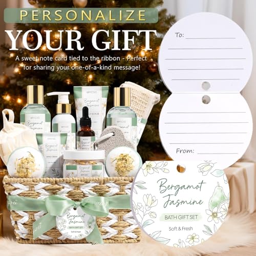 Birthday Gifts for Women, Bergamot Jasmine Relaxing Spa Gift Baskets for Women Self Care Package Bath Gift Set, Home Bath and Body Kit Pampering Christmas Gifts for Womens Her Mom Friend Sister Wife - color: Sage Green-Bergamot Jasmine