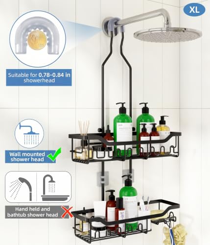 Shower Caddy Hanging Organizer, Extra Large Rack Over Showerhead with Hooks, Adjustable Height Shower Caddy for Big Shampoo Bottle, Black - color: Black - 2 Tier - XL