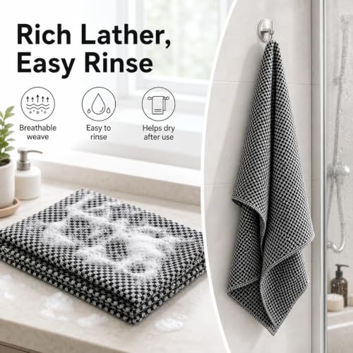 Exfoliating Shower Towel, Cotton-Blend Back Scrubber, Black | 39 x 10 in, dual-sided texture, quick-dry mesh, washable for home, gym, travel - color: Black