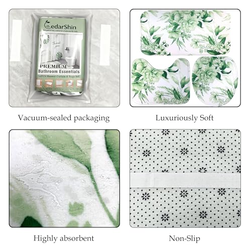 16 Pcs Sage Green Floral Shower Curtain Set with Rugs, Flower Bath Curtains and High Absorbent Non-Slip Mats, Thick 120GSM Fabric Curtain with 12 Metal Hooks (72x72 Inch) - color: Flower A-green