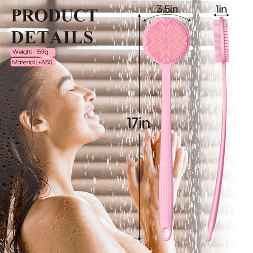 2 Pack Back Scrubber for Shower, 17in Lengthen Long Handle Body Brush, Double Sided Shower Brush for Shower Exfoliating and Massage Can Produce Rich Foam, Long Handle Back Scrubber for Men - color: 2pc-blue+pink