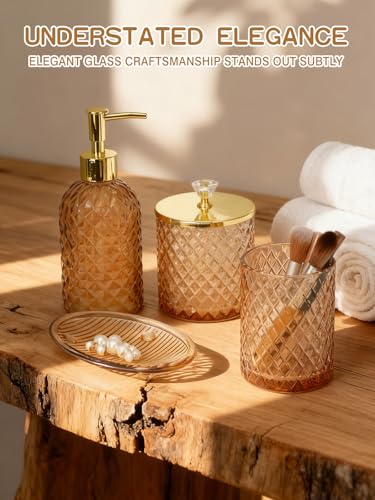 Haturi Amber Brown Bathroom Accessories Set, 4Pcs Glass Bathroom Accessory Set Complete w/Soap Dispenser, Toothbrush Holder, Qtip Holder, Soap Dish, Gold Bathroom Decor Sets, Gift for Home Apartment - style: Amber Brown