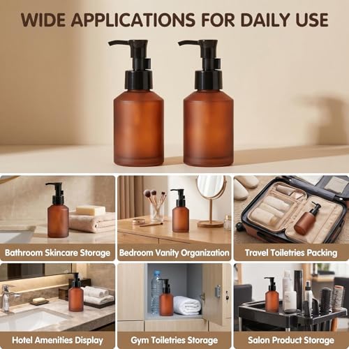 2Pcs 60ml 2oz Amber Frosted Glass Pump Bottles Lotion Dispenser Empty Refillable Travel Size Cosmetic Toiletries Sample Storage Container Vial Jar with Black Pump for Shampoo Cream