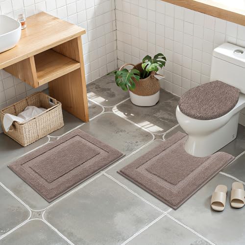 SHACOS Microfiber Bathroom Rugs Set of 3 with Toilet Lid Cover Non Slip | Washable Bath Mat Absorbent Bathroom Carpet 16"x24"+U Shape Toilet Rug 20"x24"+Toilet Lid Cover 19"x21", Coffee - color: Coffee, size: 16"x24"+U-Shape 20"x24"+Lid Cover 19"x21"