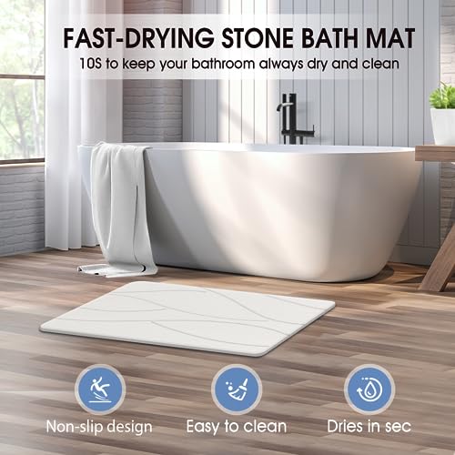 Veeloim Stone Bath Mat Diatomaceous Earth Shower Mat Non-Slip Super Absorbent Diatomite Stone Bath Mats for Bathroom Floor Quick Drying Natural Easy to Clean(23.6''×15.4" White) - color: Line1-white