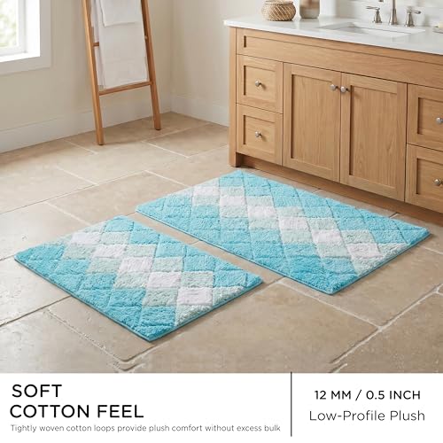 THE BEER VALLEY Set of 2 Albany Bath Rug 21x32/17x24 Inch - Turpuoise | Non Slip Cotton Absorbent Bathmat for Bathroom, Washable Soft Toilet Bathrug - color: Aqua-turq Combo