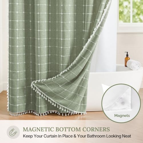 River Dream Sage Green Farmhouse Shower Curtain with Snap-in Liner, No Hooks Needed,with Magnets,with Tassels,Water Repellent&Machine Washable,71x74Inch - color: Sage Green, size: 71"W x 74"L (Pack of 1)