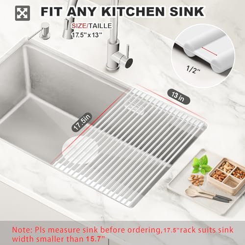 MERRYBOX Roll Up Dish Drying Rack, Silicone Wrapped Over The Sink Dish Rack Foldable Dish Drainer Anti-Slip Dish Racks for Kitchen Sink, Multipurpose Kitchen Sink Drying Rack, 17.5" x 13", White - color: Rectangle-white, size: Rectangle: 17.5" x 13"