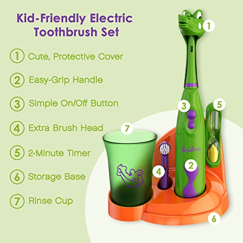 Brusheez Kids’ Electric Toothbrush Set - Safe & Effective for Ages 3+ - Parent Tested & Approved with Gentle Bristles, 2 Brush Heads, Rinse Cup, 2-Minute Timer, & Storage Base (Snappy the Croc) - color: Snappy the Croc