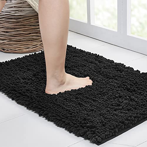 Walensee Bathroom Rug Non Slip Bath Mat (32x20 Inch Black) Water Absorbent Super Soft Shaggy Chenille Machine Washable Dry Extra Thick Perfect Absorbant Best Large Plush Carpet for Shower Floor - color: Black, size: 32"x20"