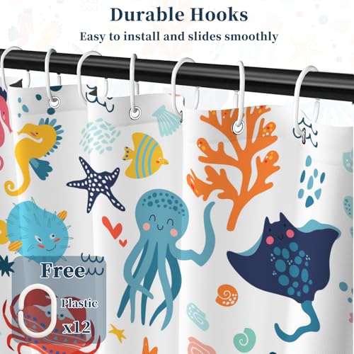 Fabric Shower Curtain with Hooks, Waterproof & Washable Polyester, Kids Funny Cute Ocean Whale Fish Shower Curtains for Bathroom, Summer Neutral Cartoon Animal Bathroom Curtain, 71x74 Inch - color: Cute Ocean Friends
