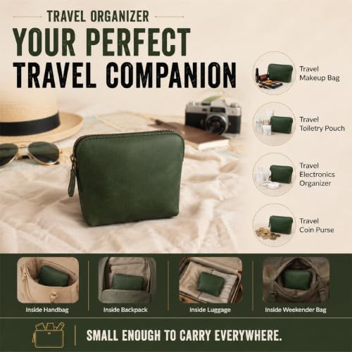 Full Grain Leather Cosmetic Bag – Zippered Makeup Pouch for Women, Small Travel Toiletry & Organizer Pouch for Purse, Premium Handmade Leather (5 × 4 × 2.5 in) - color: Green