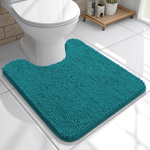 OLANLY Toilet Rugs U-Shaped 20x20, Extra Soft Absorbent Chenille Contour Bathroom Rugs for Toilet, Dry Quickly, Machine Washable, Non-Slip Bath Mat, Deep Lake - color: Deep Lake, size: 20" X 20" Contour Rug