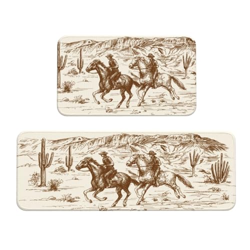 American Wild West Desert Cowboys Kitchen Rugs Microfiber Floor Mats Western Farmhouse Country Cushioned Carpet Runner Rug for Laundry Bathroom Living Room, 2 Piece Set 17"X 47" + 17"X 30" - color: American Wild West Desert Cowboys