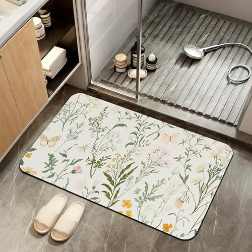 Bath Mat,Wildflowers Plants Bathroom Rugs,Quick-Drying Non-Slip Rubber Bath Mats Absorbent Diatomaceous Earth Mat for Bathroom Home Decor 17"x29.5" - color: Wildflowers Plants