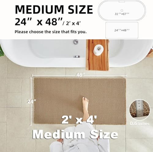 TYUU Waffle Bath Mat, Boho Bathroom Rugs Non Slip Washable Super Absorbent Quick Dry Farmhouse Bathroom Decor, 48"x24" / 4'x2' Khaki - color: Khaki, size: 2' X 4' (Rectangular)