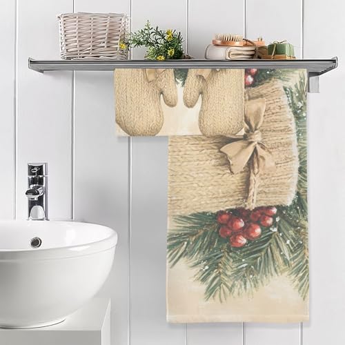 AIXIWAWA Bath Towel Set Christmas Glove Print, 2 Pieces Large Cotton Towels Soft Absorbent for Bathroom Facial Body Cleaning Drying Towels
