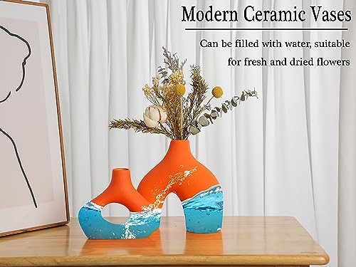 CEMABT Orange Ceramic Vase Set of 2 for Modern Minimalist Bohemian Decor，Round Matte Donut Vases for Pampas Grass-Perfect for Living Room, Dining Table, Office Bedroom Shelf Decor Entryway, Console - color: Orange
