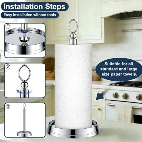 KASUNTO Paper Towel Holder (with Heavy Weighted Base) Steel Paper Holder countertop，Black Paper Towel Holder for Kitchen Countertops, Bars & Dining Tables,Fits Standard & Jumbo Rolls,Chrome - color: Poilshed Chrome