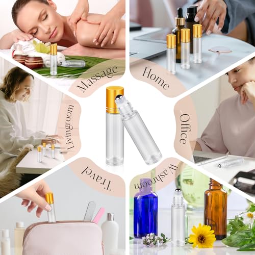 10ml Roller Bottles for Essential Oils, 4 Pack Glass Roll on Bottles, Refillable Perfume Bottle, with Stainless Steel Roller Balls, 2 Droppers, 1 Opener, Labels (Clear) - color: Clear