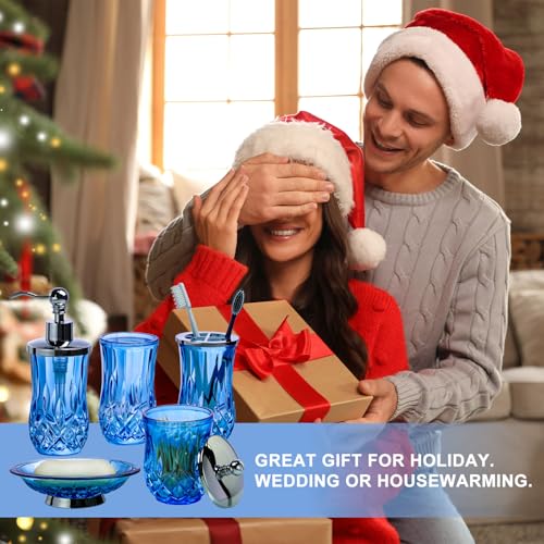 Bathroom Accessories Set,5 Pcs Blue Glass Bathroom Accessory Set,Complete Lotion Soap Dispenser,Toothbrush Holder,Soap Dish,Tumbler & Jar,Modern Bathroom Decor Sets Gift,Round - style: Round(Blue)