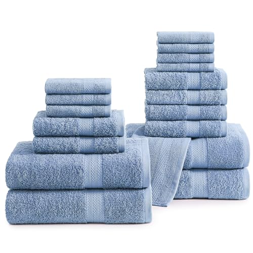 LANE LINEN 100% Cotton Bathroom Towels - 18 Piece Set - Super Soft, Quick Dry & Absorbent - 4 Bath, 8 Washcloths, 6 Hand Towels for Bathroom - Hotel Quality & Suitable for Family - Cerulean Blue - color: 10: Cerulean Blue, size: 18 Piece Towel Set