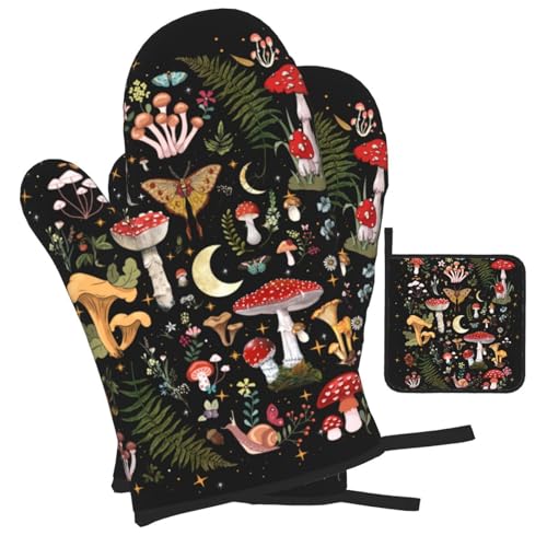 Mushroom Oven Mitts and Pot Holders Sets, Heat Resistant Black Hot Pads Witchy Oven Gloves for Cooking Grilling Baking Kitchen Decor Aesthetic, Witchy Gifts for Women,Mushroom Gifts for Women - color: Mushroom Moth