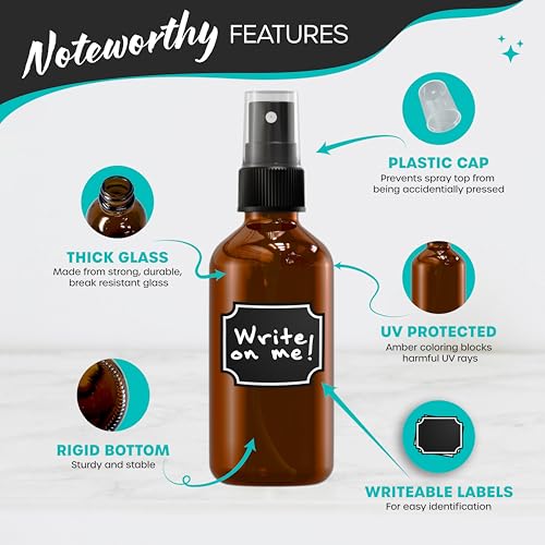 Nevlers Amber Glass Spray Bottles 4 Oz 24 Pack Travel Glass Bottle Sprayer | Small Spray Bottle 4 Oz Set with Shrink Wrap, Funnel, Labels, Brush & Marker | Spritzer Bottles for Hair, Face & More