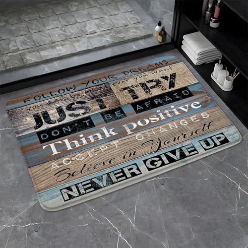Inspirational Quote Bathroom Rugs Motivational Word Proverb Rustic Wooden Plank Blue Brown Vintage Barn Door Country Farmhouse Bath Mat Bedroom Kitchen Toilet Floor Doormat 16x24 - color: Brown, size: 16x24